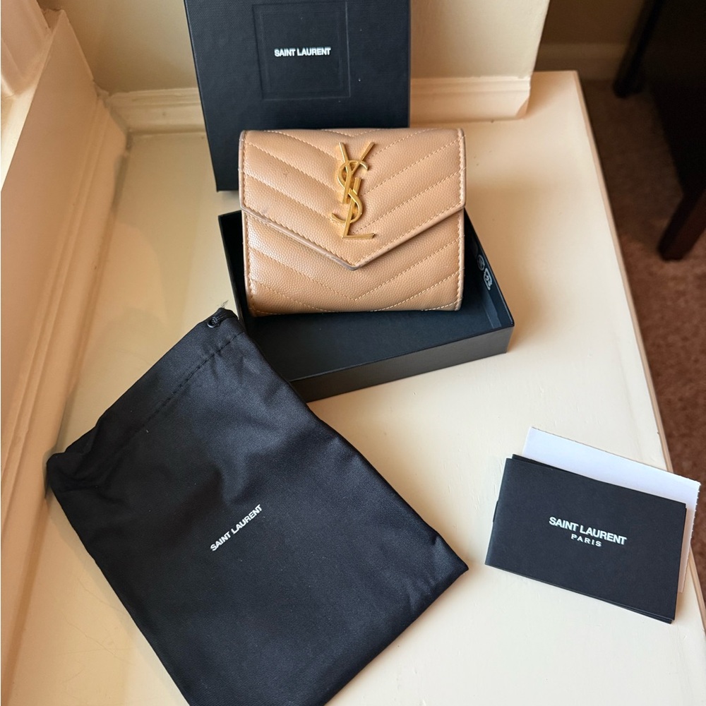 Saint Laurent Tan Leather Wallet with Gold YSL Logo